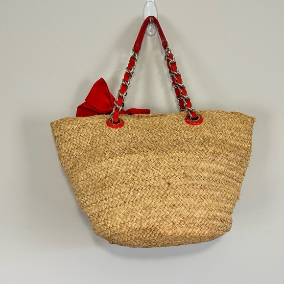KATE SPADE Women’s Beige Red POINT BREEZE Coal Straw Tote Bag Large Bow 12” X 8” - Picture 2 of 13